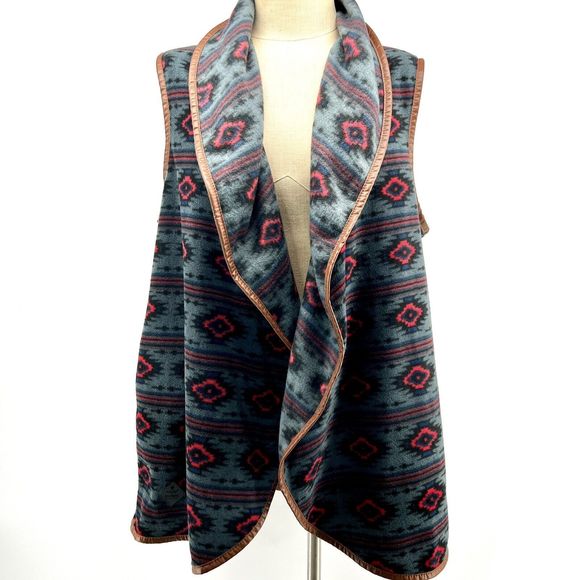Western Tribal Faux Leather‎ Trim Fleece Long Cardigan Vest Simply Southern Sz L - Picture 1 of 12